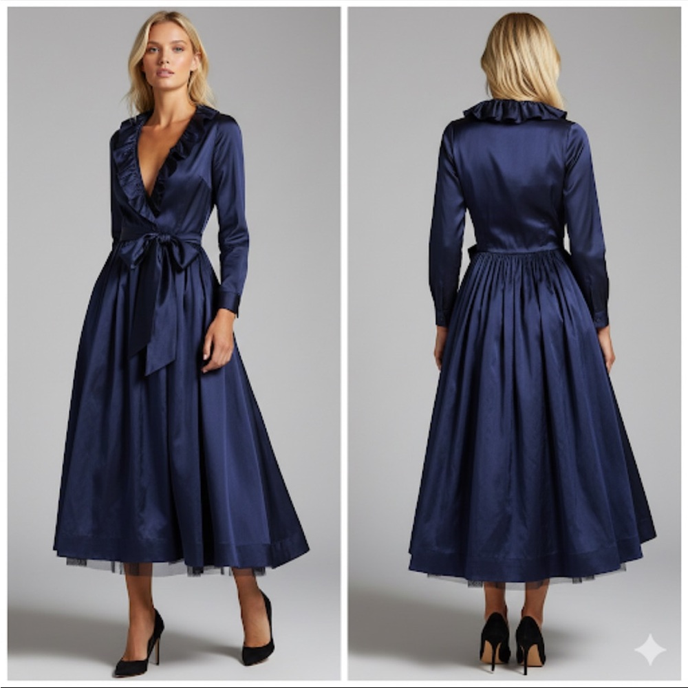 Henri Bendel+Catherine Regehr 100% Silk Ruffle Sami Wrap Dress Navy Lined Sz XS
